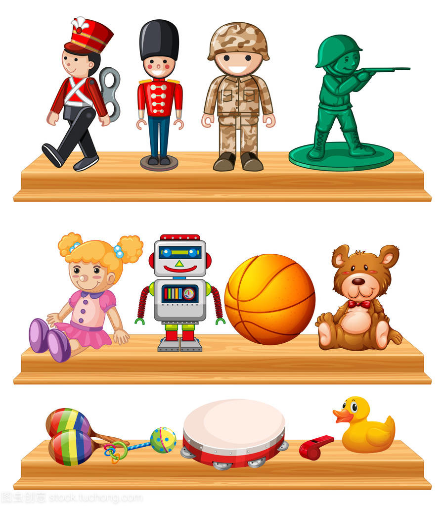 木制货架上的很多玩具